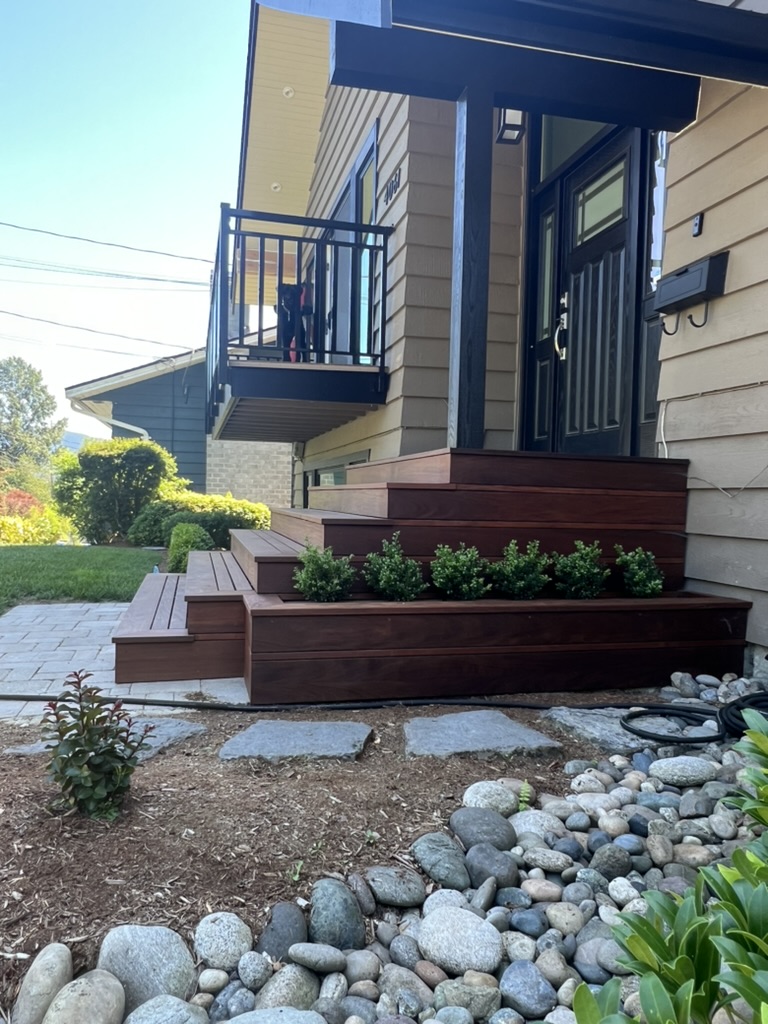 Custom ipe hardwood front entrance stairs in North Vancouver